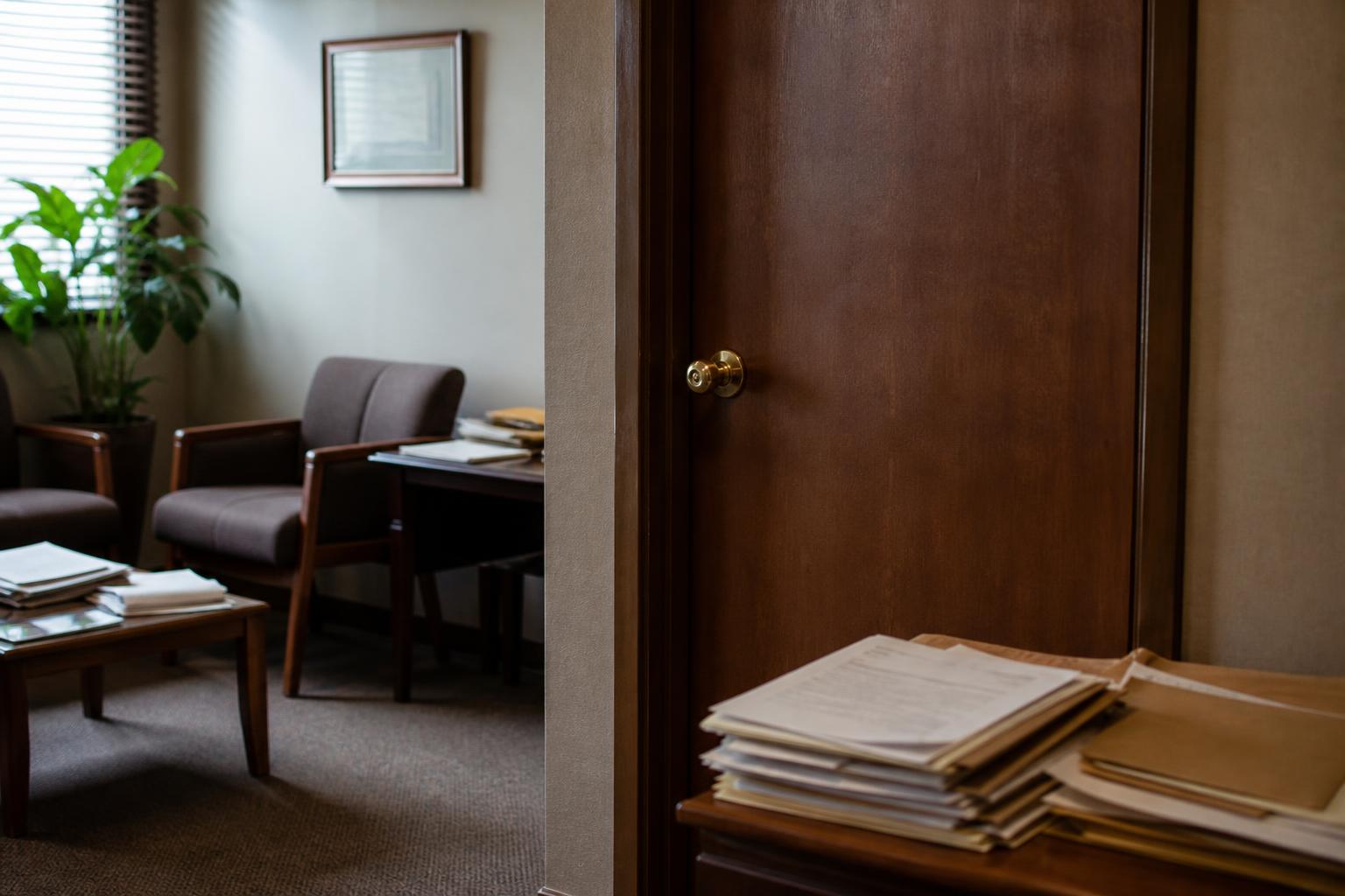 A wooden office door stands beside chairs, tables, plants, and paper stacks