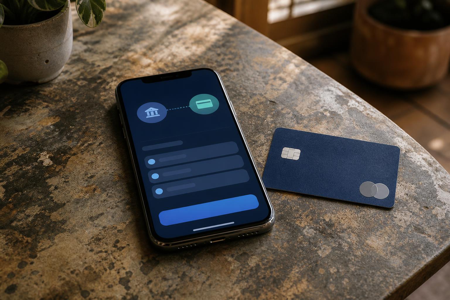 A smartphone and dark payment card sit on a mottled stone tabletop