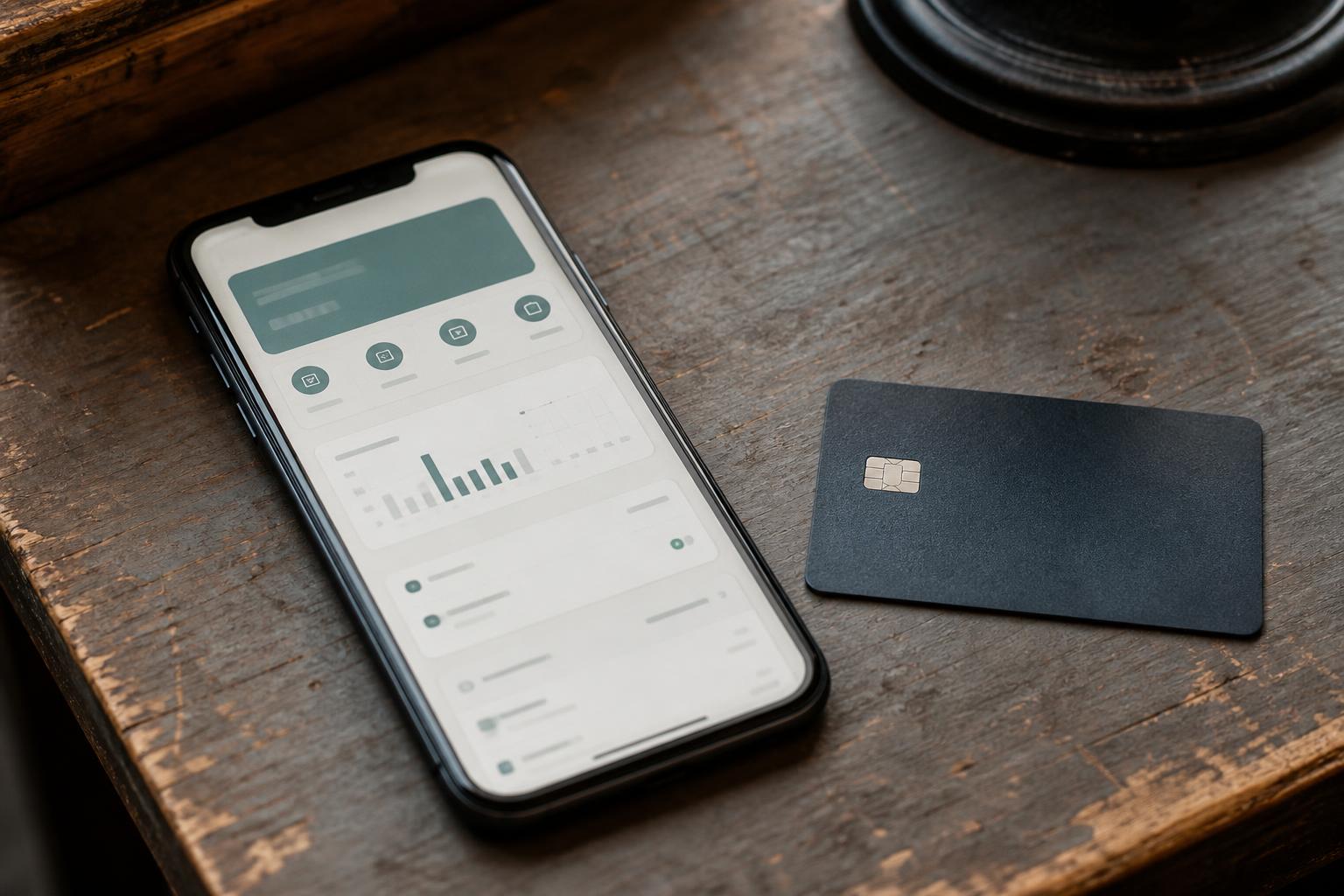 A smartphone displaying charts lies beside a dark payment card on a wooden table