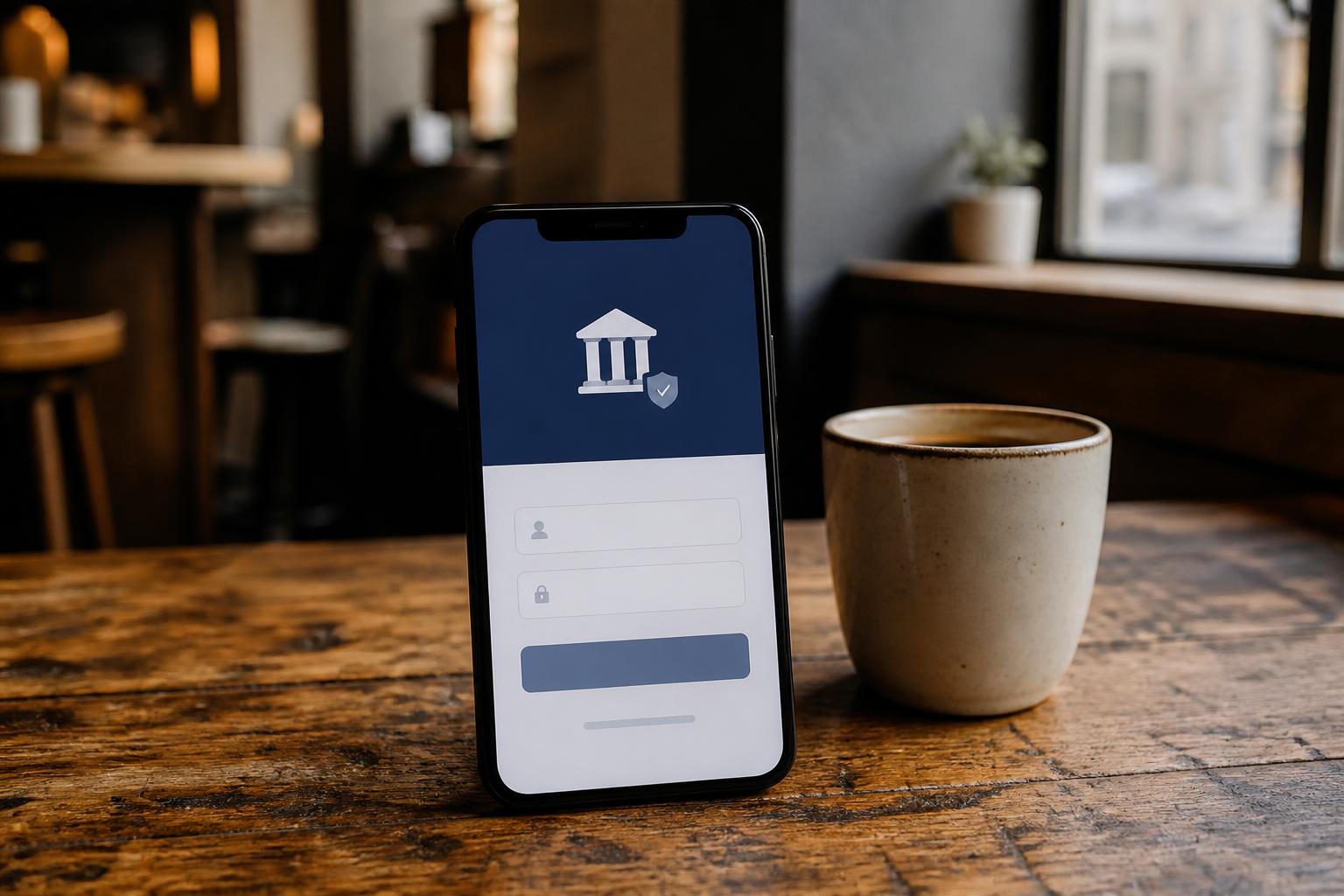 A smartphone with a bank login screen stands beside a mug on a cafe table
