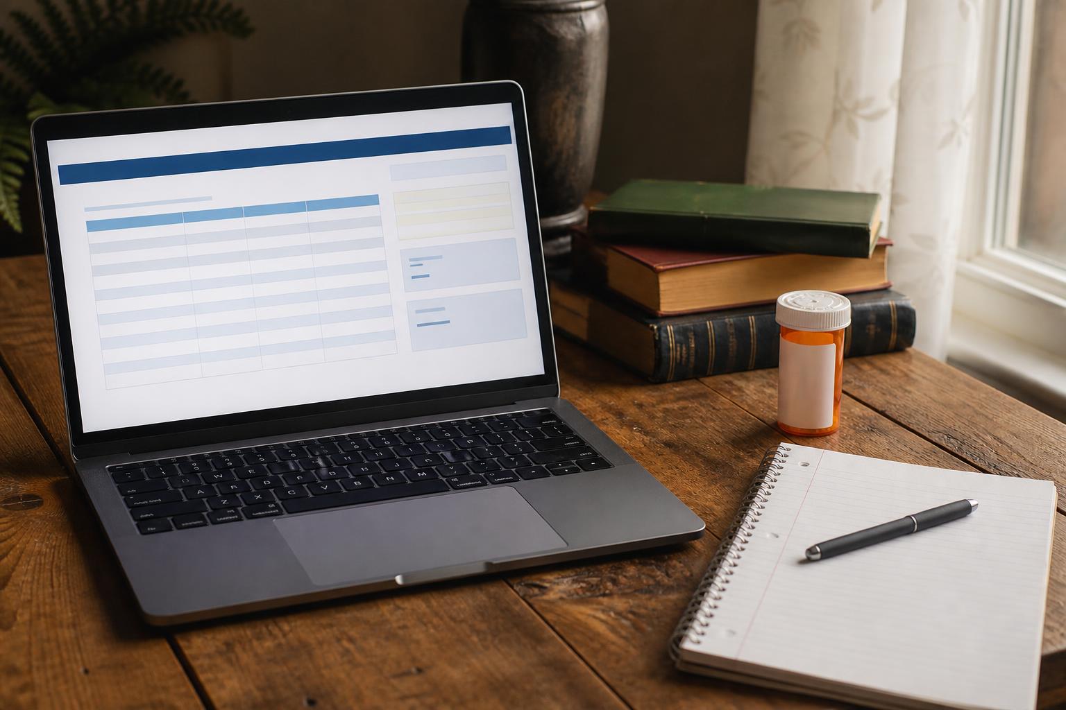 A laptop, pill bottle, notebook, and books sit on a wooden desk
