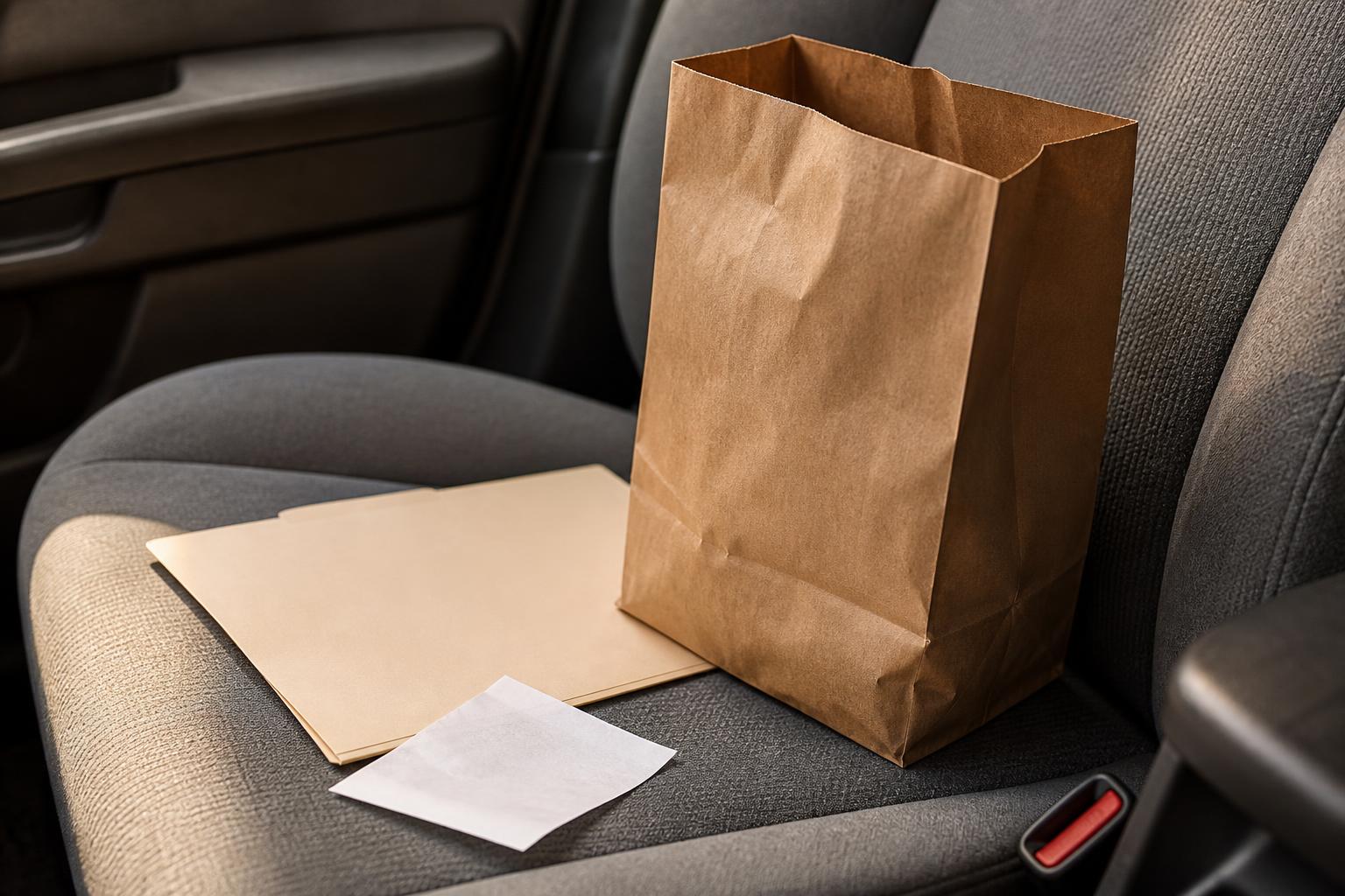 A brown paper bag and papers rest on a gray car seat