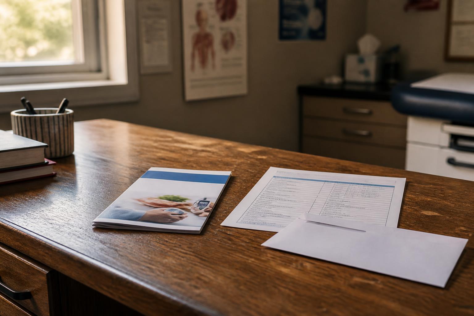 Documents and a brochure lie on a wooden desk in a medical office