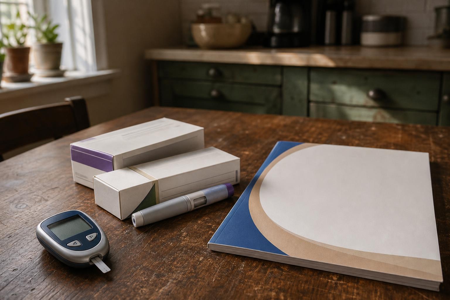 A glucose meter, injector pen, boxes, and booklet sit on a kitchen table