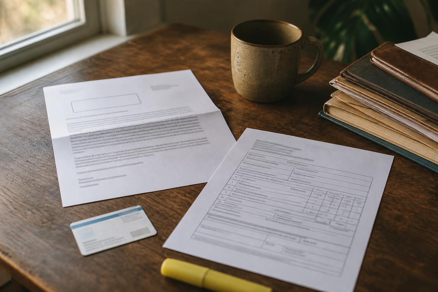 Forms, a card, highlighter, mug, and notebooks sit on a wooden table
