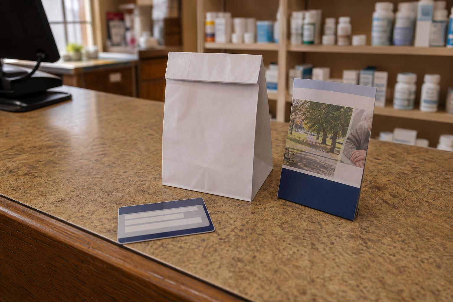 A paper bag, card, and brochure sit on a pharmacy counter