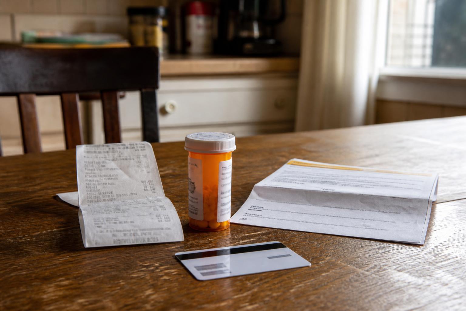 A pill bottle, receipt, card, and papers sit on a wooden table