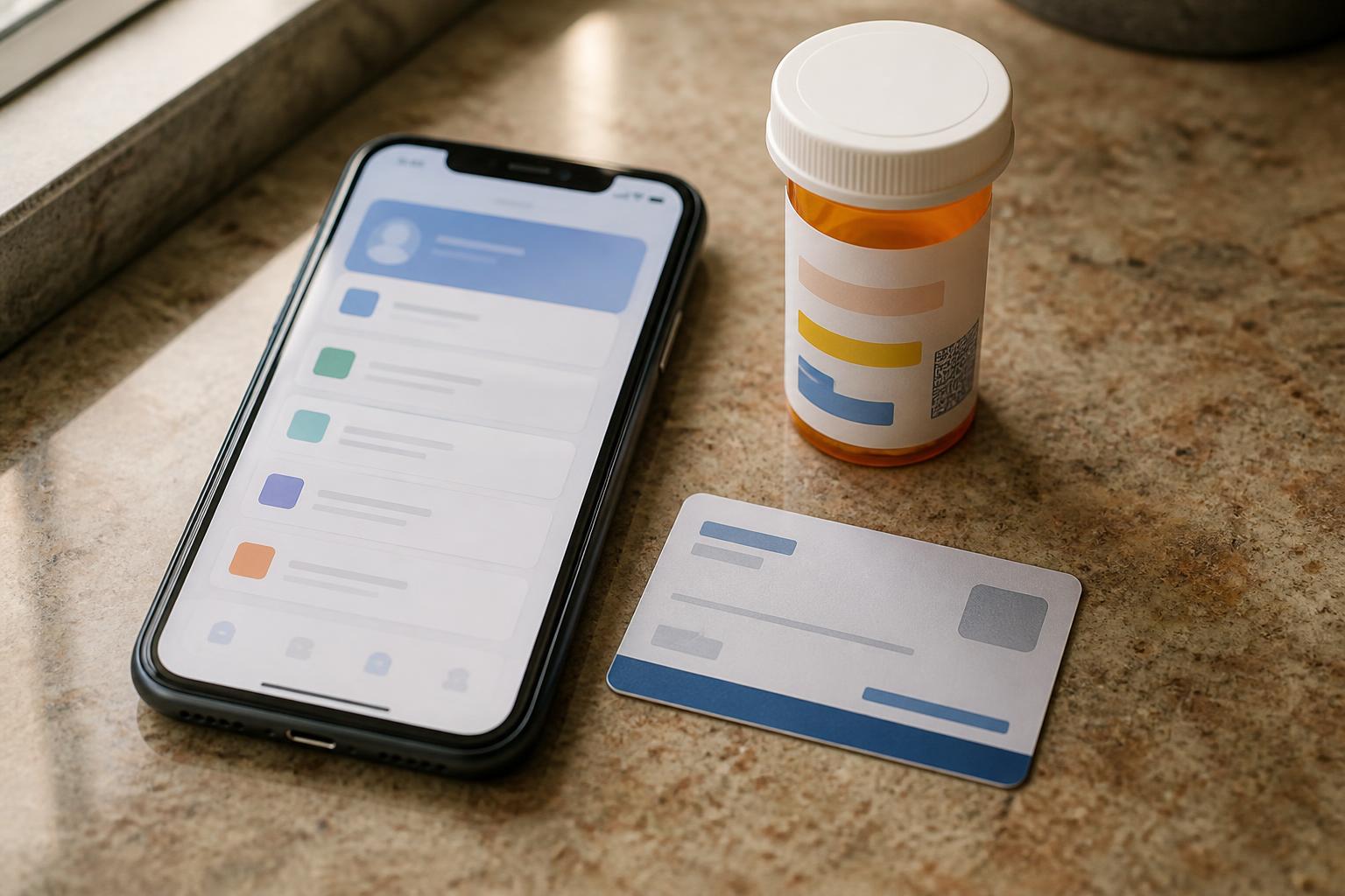 A phone, prescription bottle, and card lie on a stone countertop