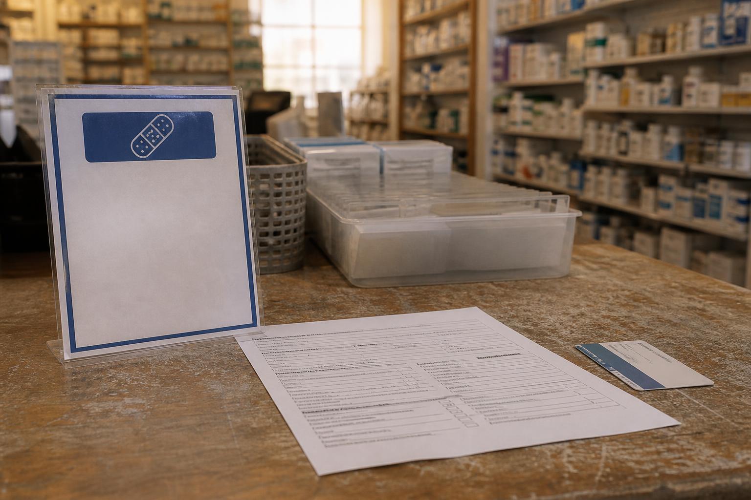 A sign, form, card, and plastic bin sit on a pharmacy counter