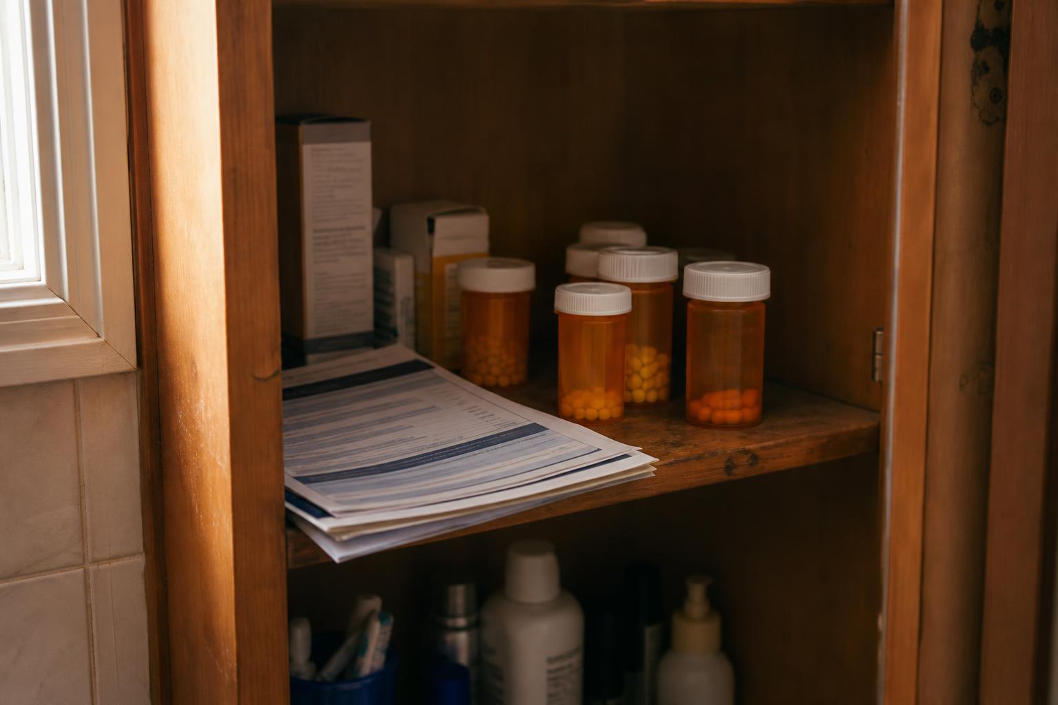Pill bottles, boxes, and papers sit inside a wooden cabinet