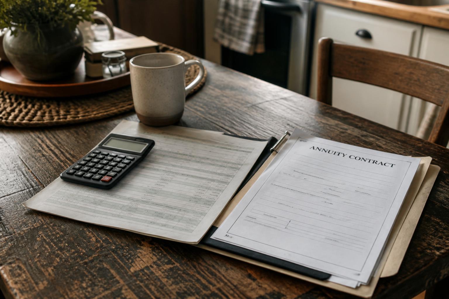 A calculator, mug, papers, and annuity contract sit on a wooden table