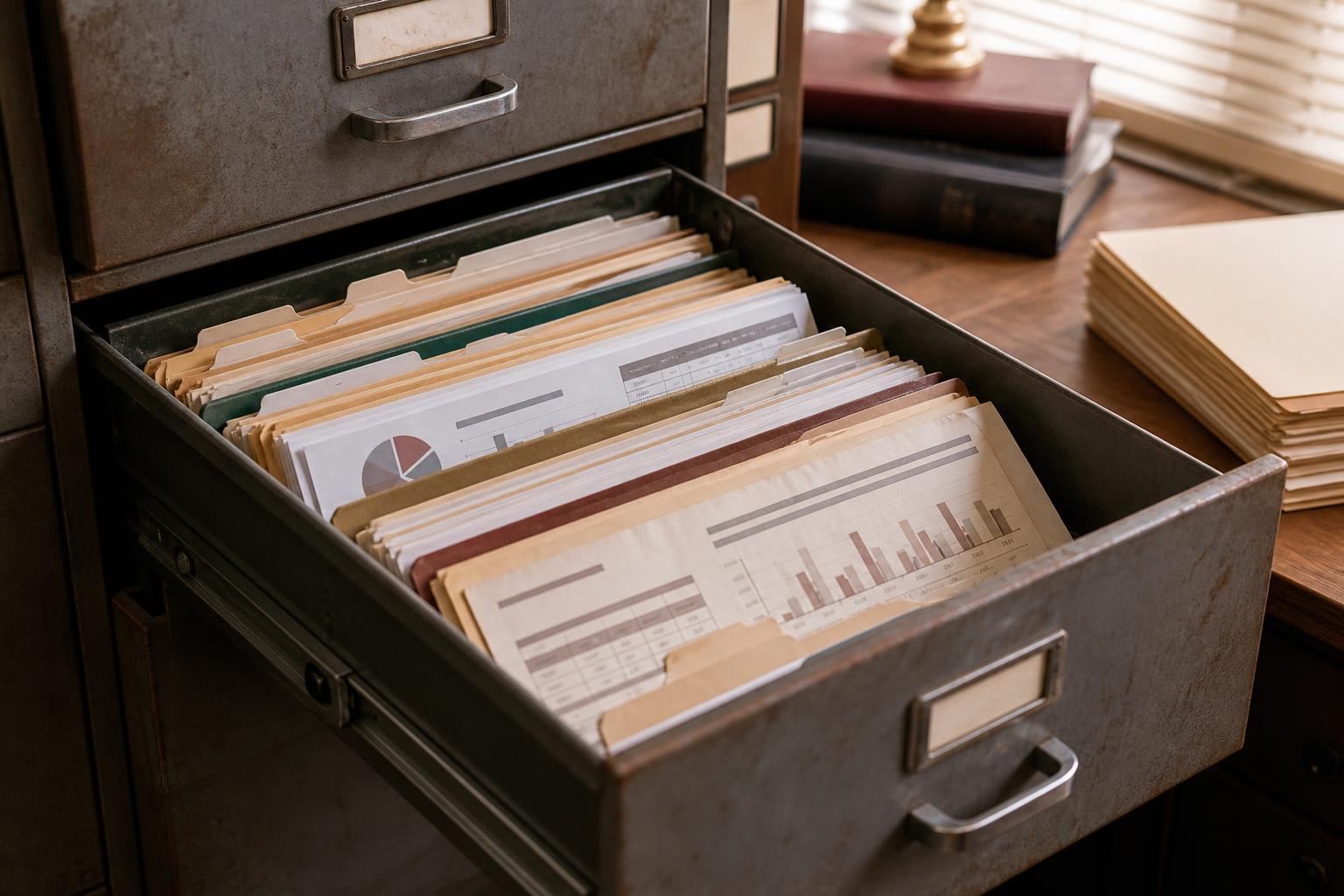 An open metal filing drawer contains folders, papers, and chart documents