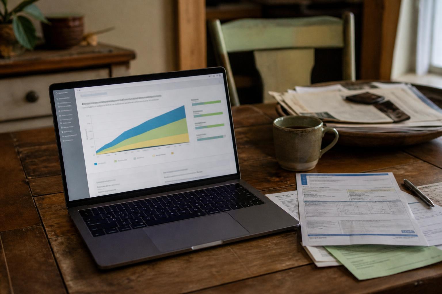 A laptop, mug, papers, pen, and tray sit on a wooden table