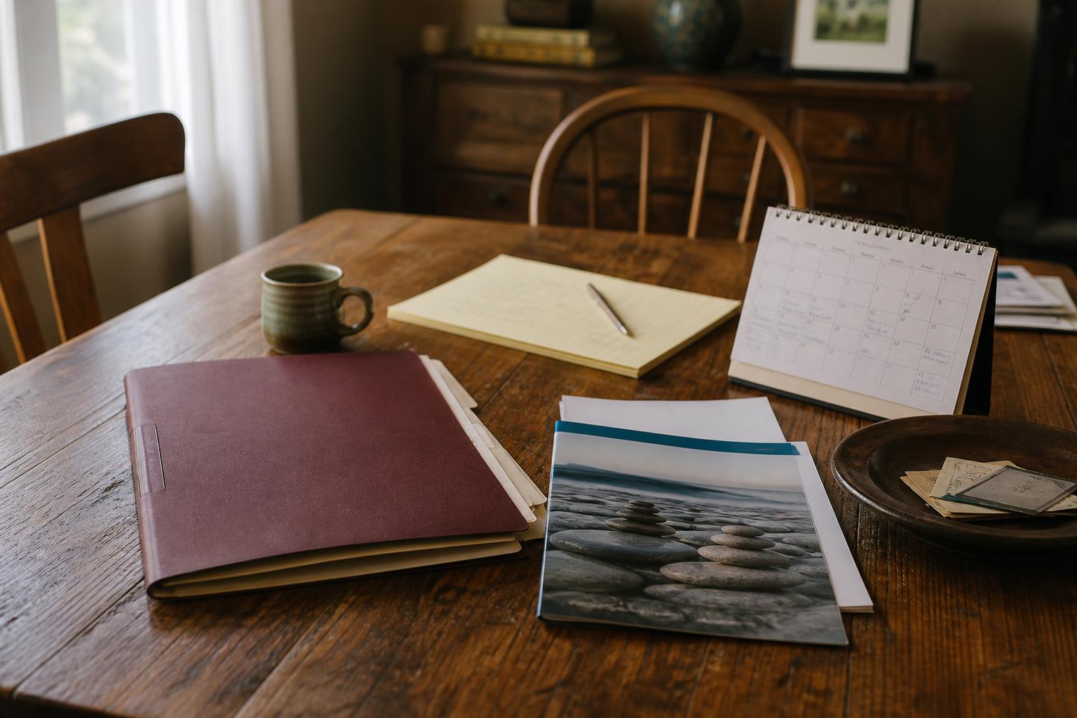 Folders, a calendar, mug, notebook, papers, and bowl sit on a table