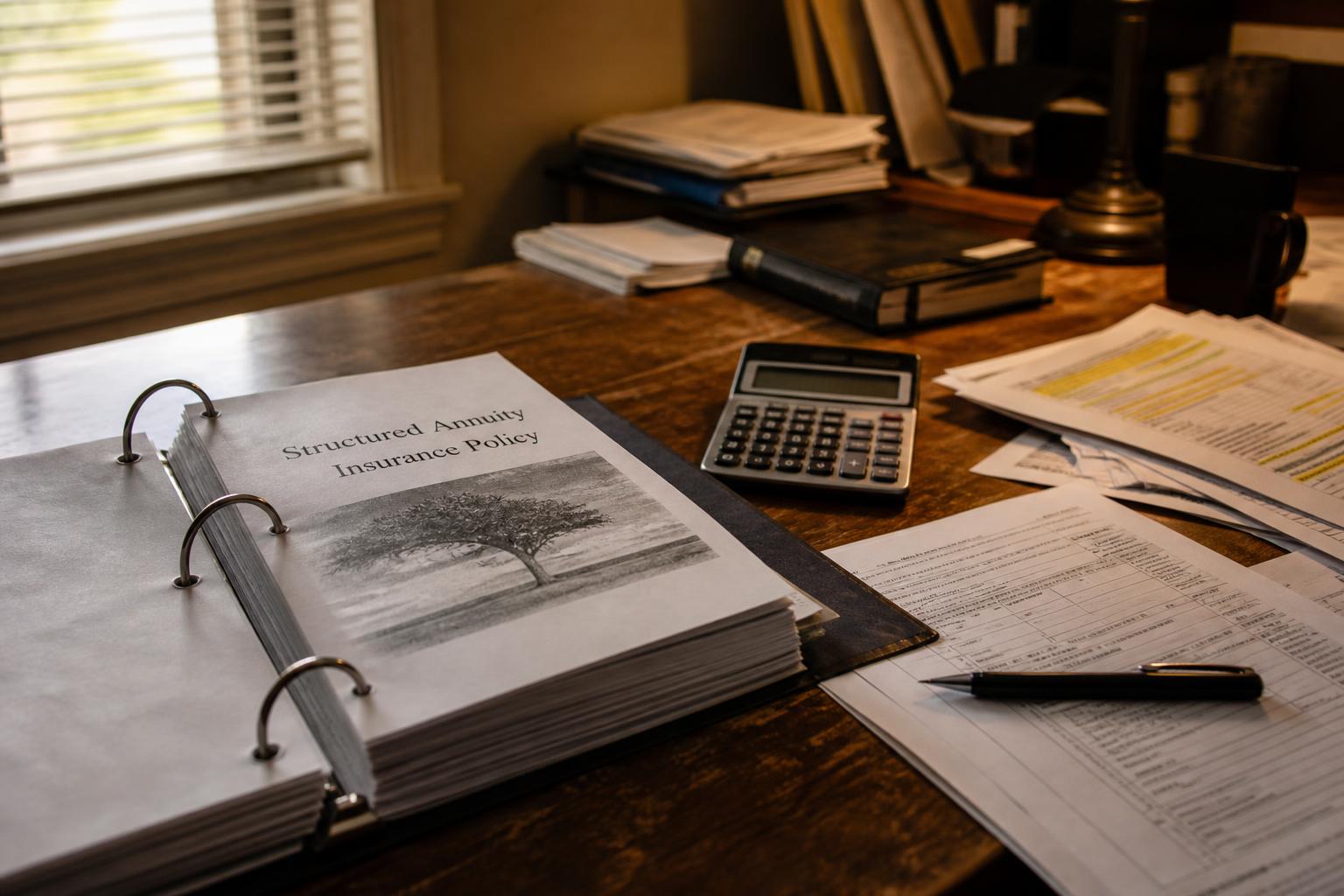 A binder, calculator, documents, pen, and mug sit on a wooden desk