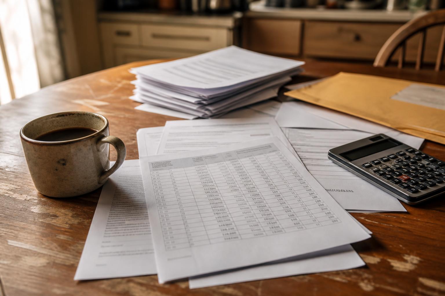 Printed financial spreadsheets, a coffee mug, and a calculator on a wooden kitchen table