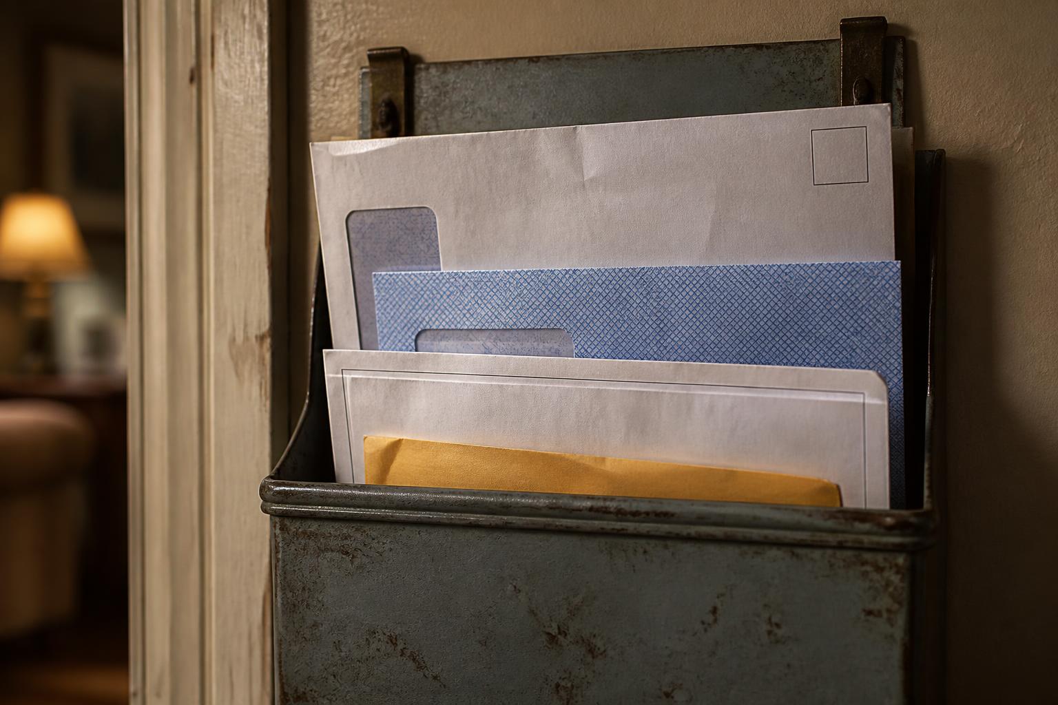 White and yellow envelopes standing in a wall-mounted metal mail organizer