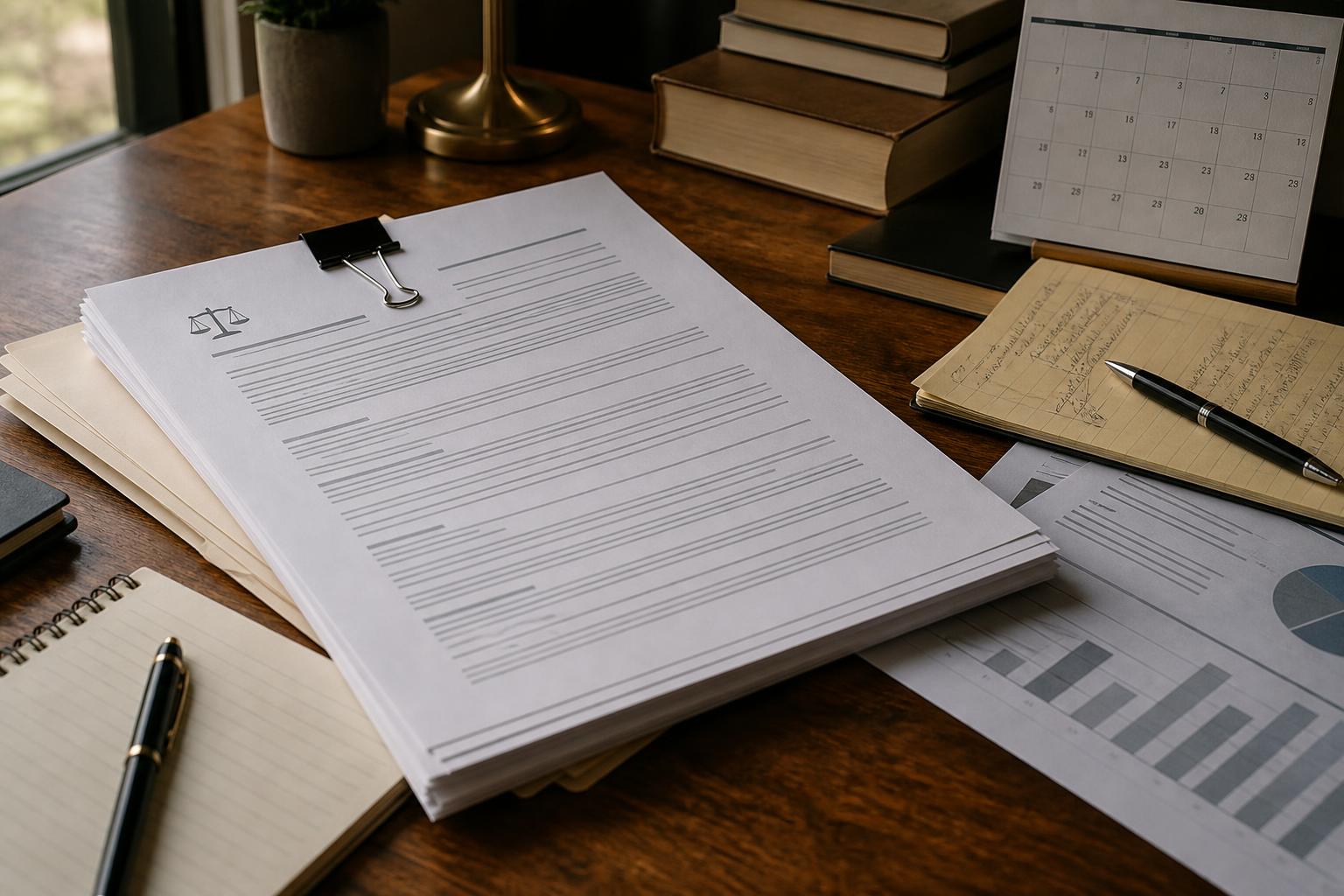 Clipped legal documents, charts, notebooks, pens, books, and a calendar on a wooden desk