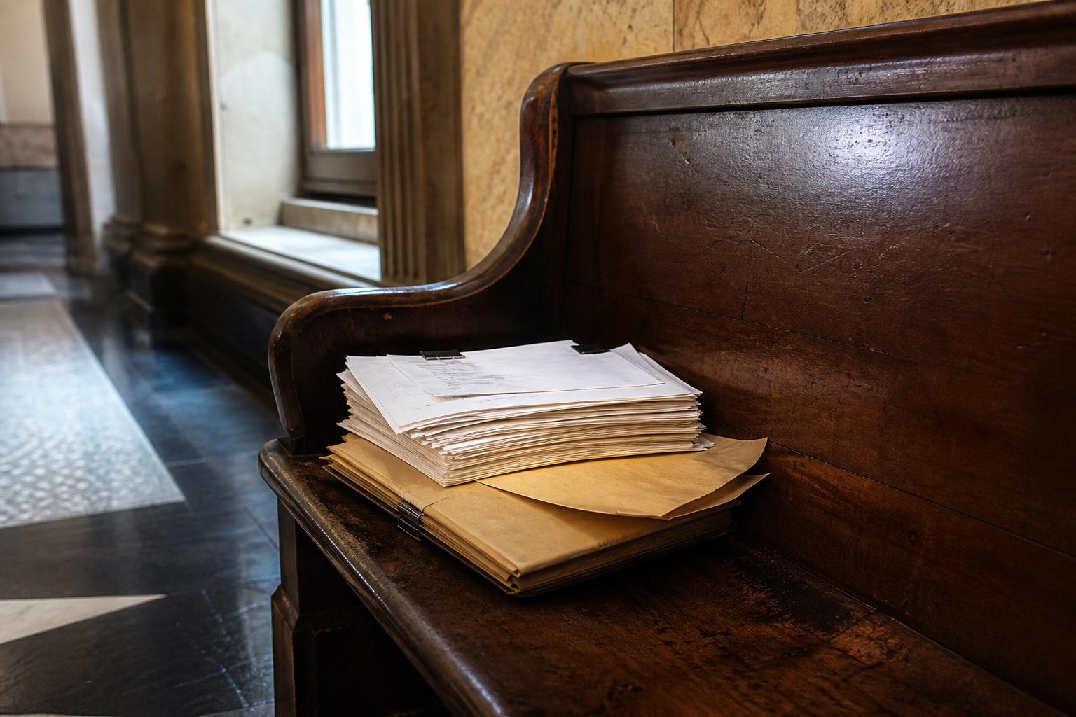 A stack of papers and manila folders resting on a dark wooden courthouse bench