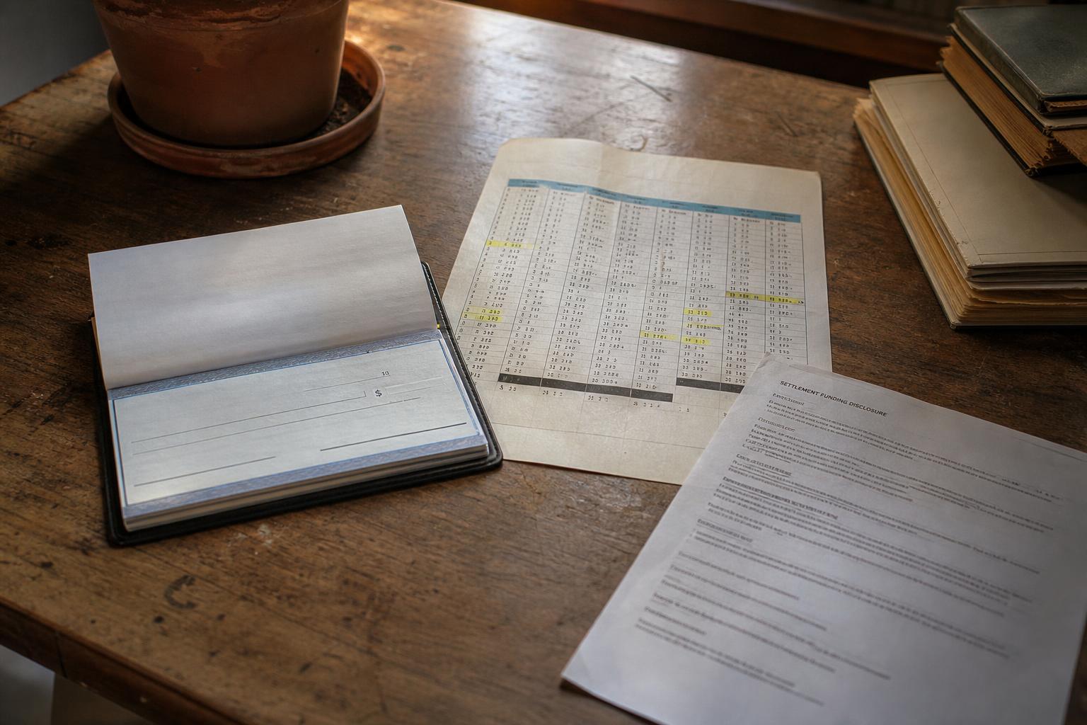 An open checkbook, a highlighted spreadsheet, and a disclosure document on a wooden table