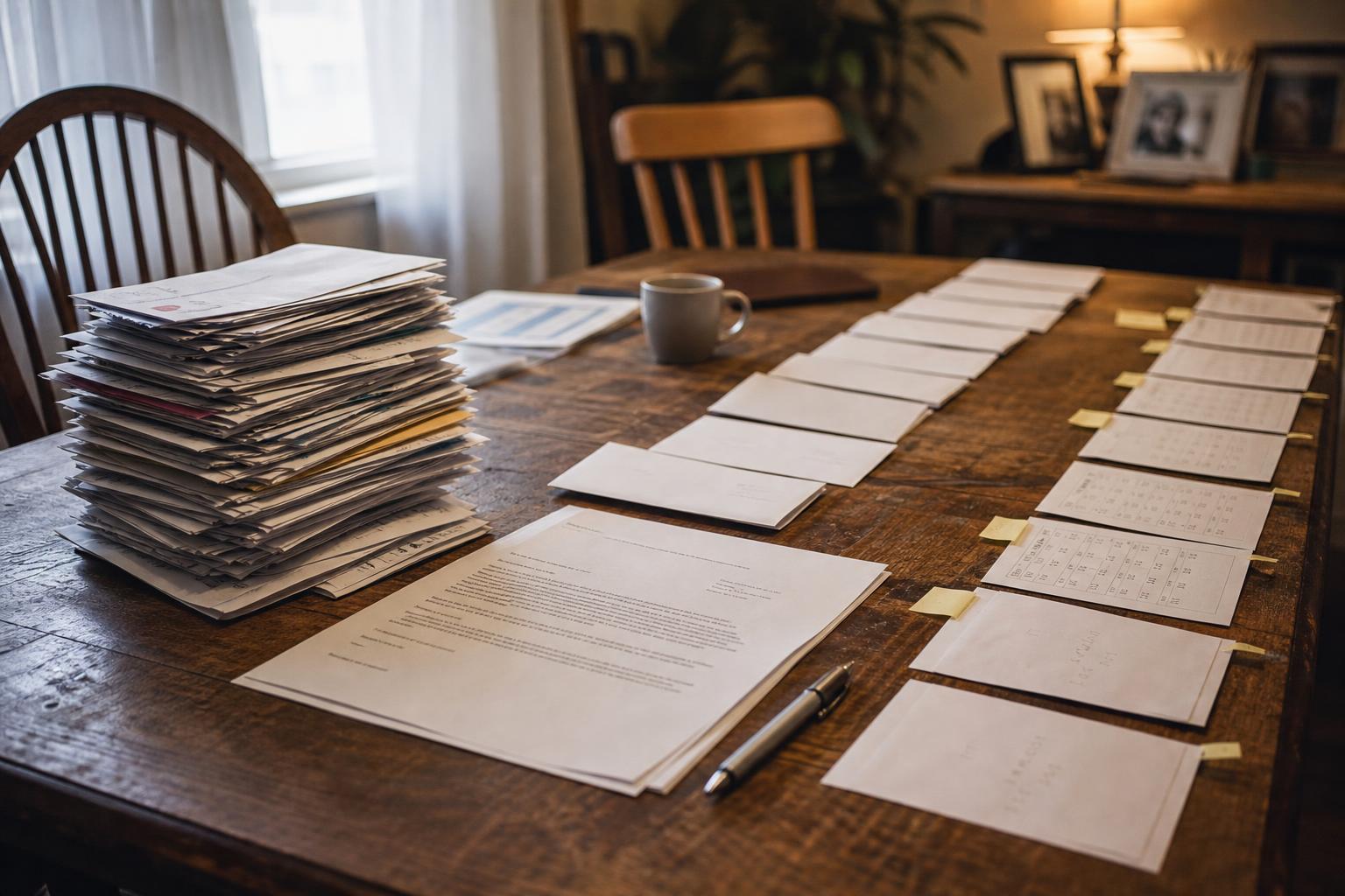Rows of tabbed documents, a tall paper stack, a pen, and a mug on a dining table
