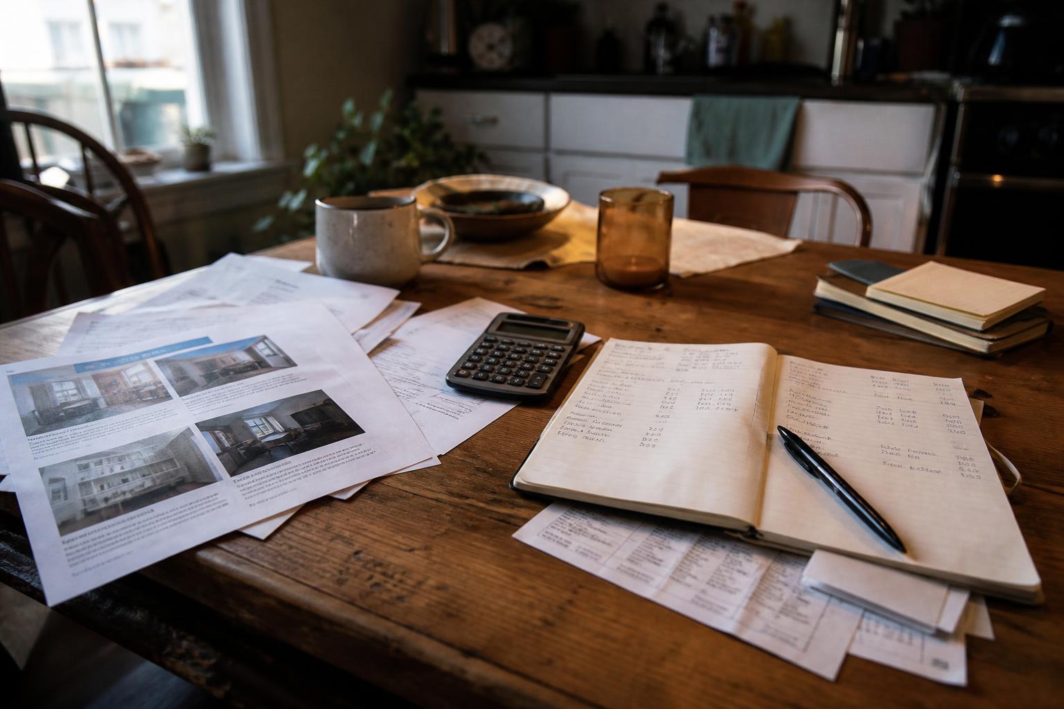 A wooden kitchen table holds papers, a calculator, notebooks, and a mug