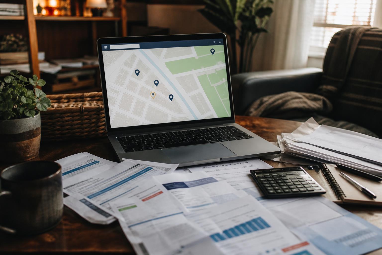 A laptop displays a map beside papers, calculator, notebook, and mug