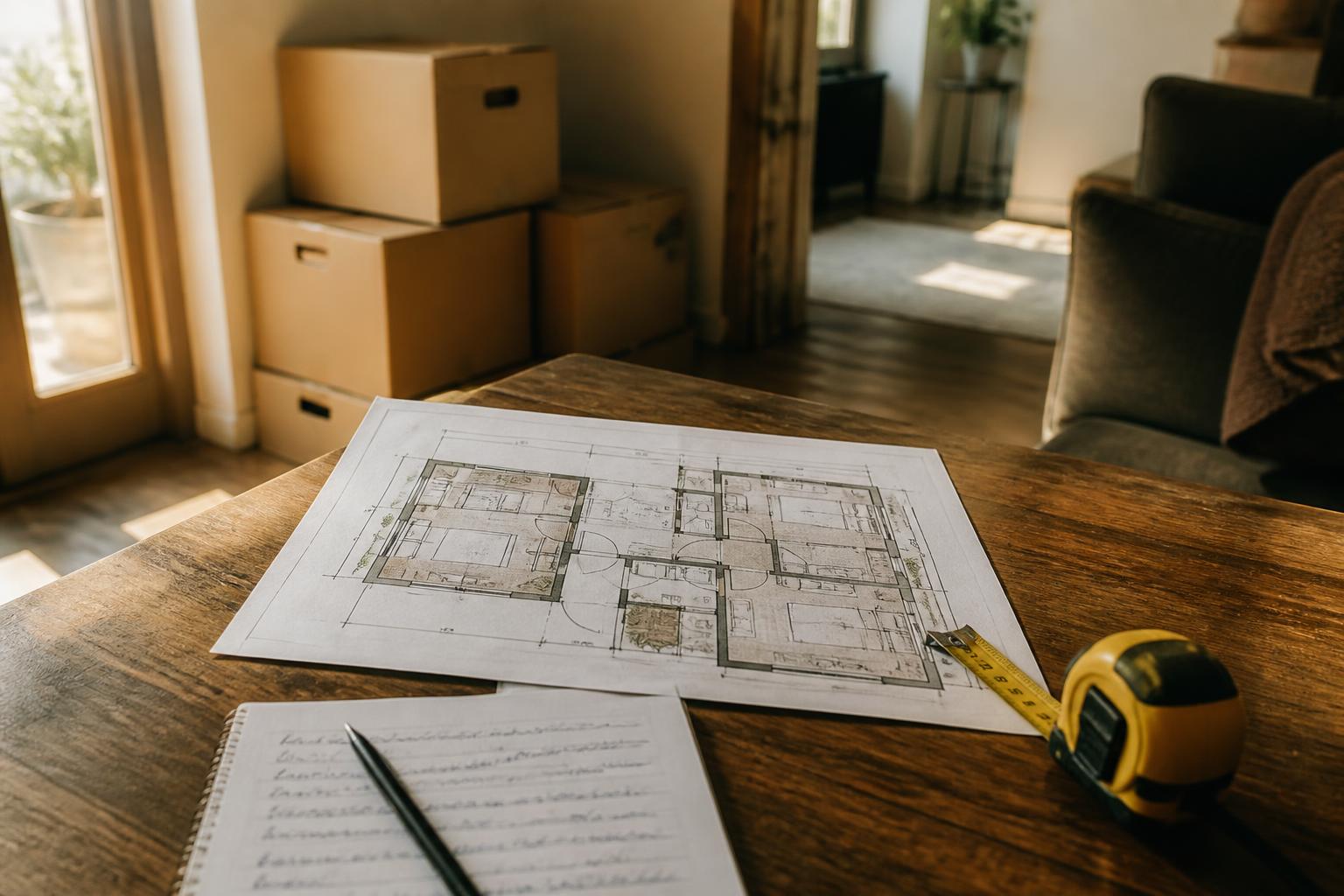 A floor plan, notebook, pen, and tape measure sit on a wooden table