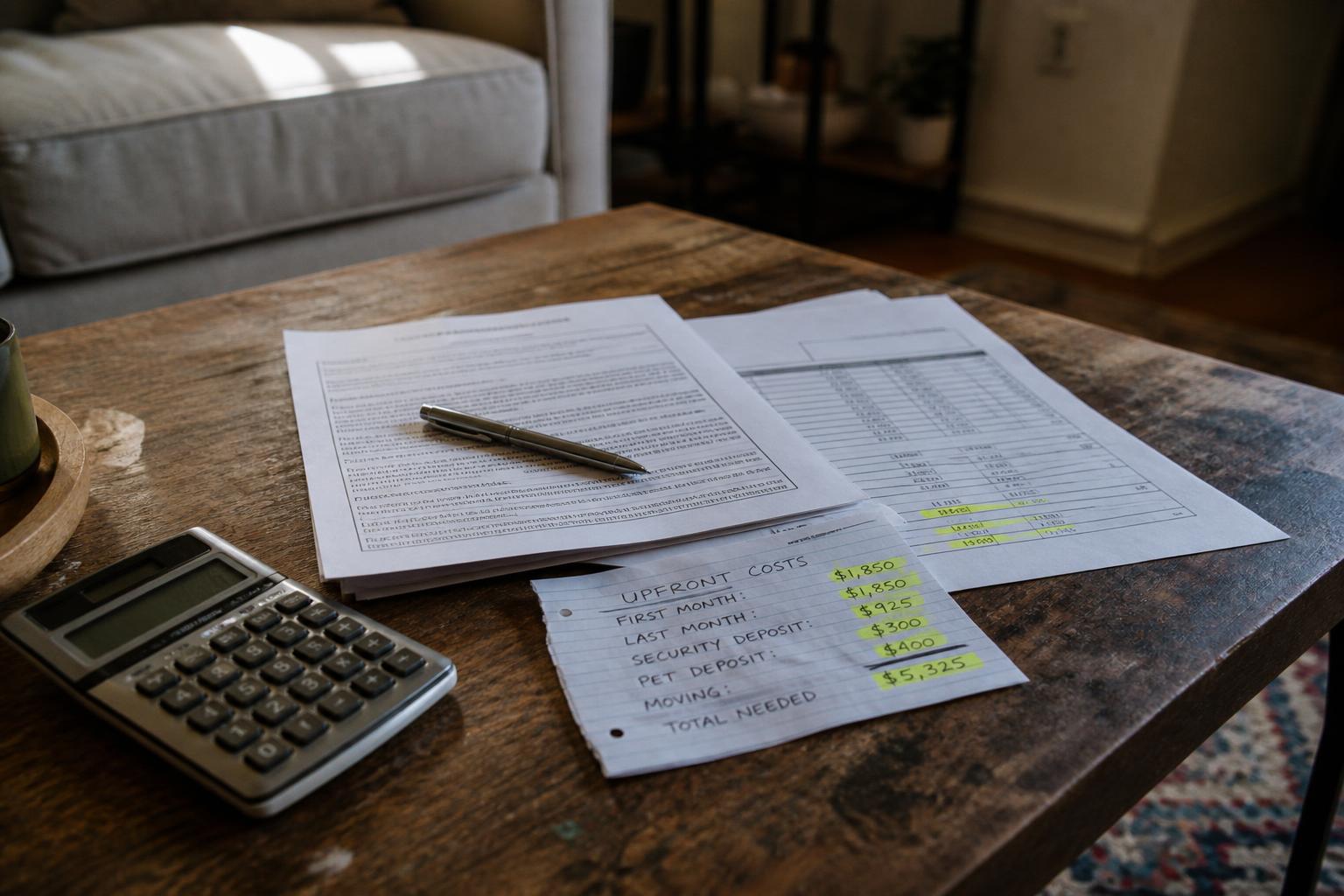 Rental cost papers, a pen, and calculator lie on a wooden coffee table