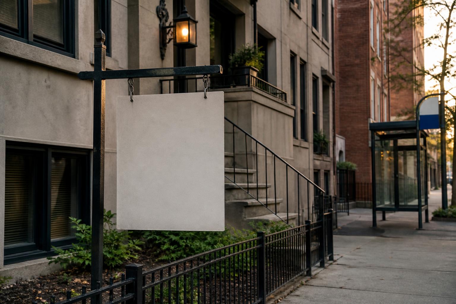 A blank hanging sign stands outside apartment buildings along a sidewalk