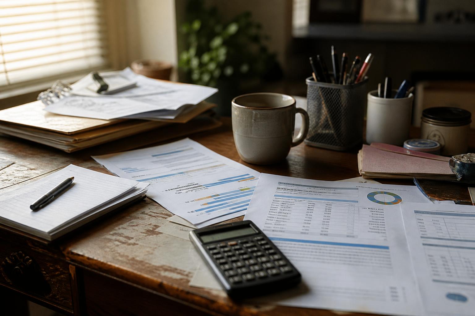 A desk holds documents, calculator, mug, notebooks, pens, and folders