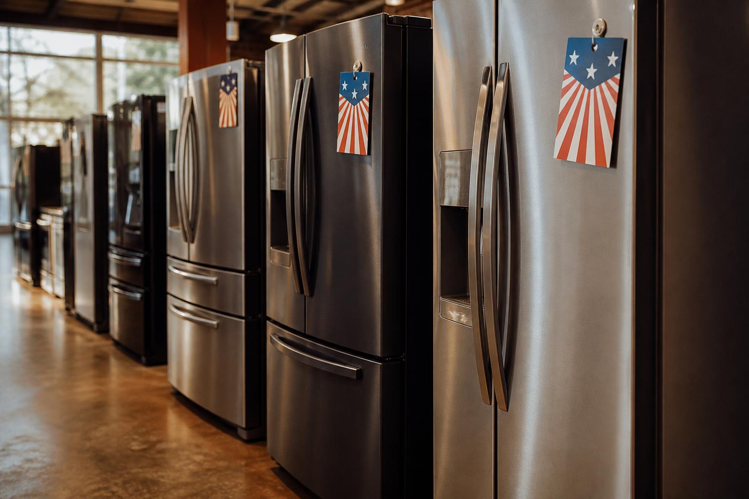 Stainless steel refrigerators stand in a showroom with patriotic tags attached