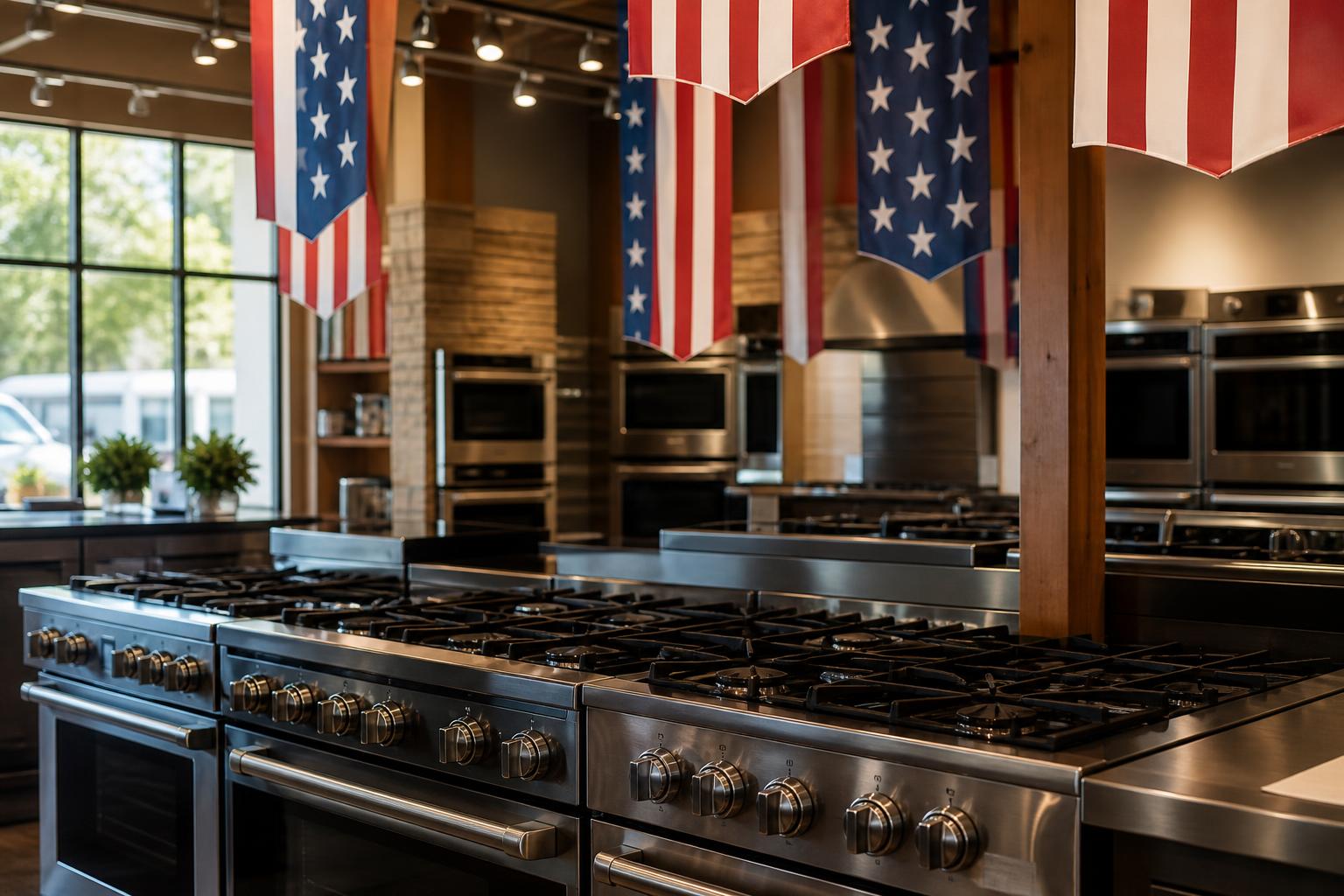 Gas ranges and ovens sit beneath hanging American flag banners in a showroom