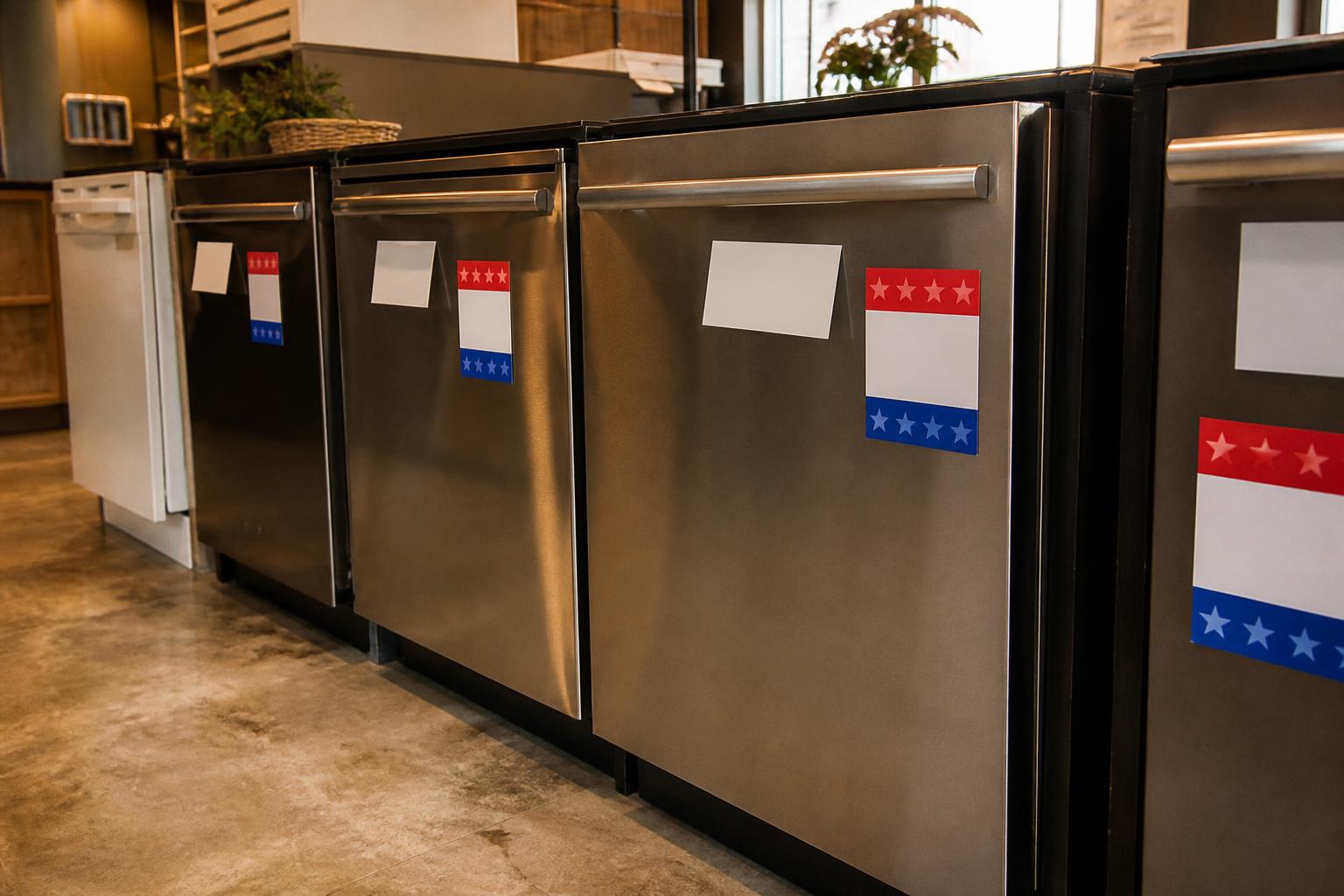 Dishwashers line a showroom floor with red, white, and blue tags