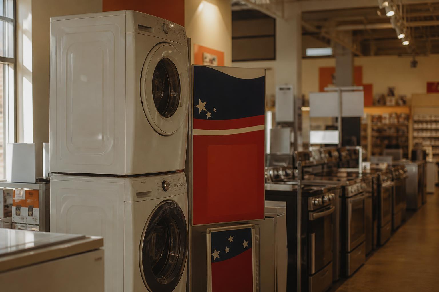 Stacked white laundry machines stand beside a colorful sign in an appliance showroom