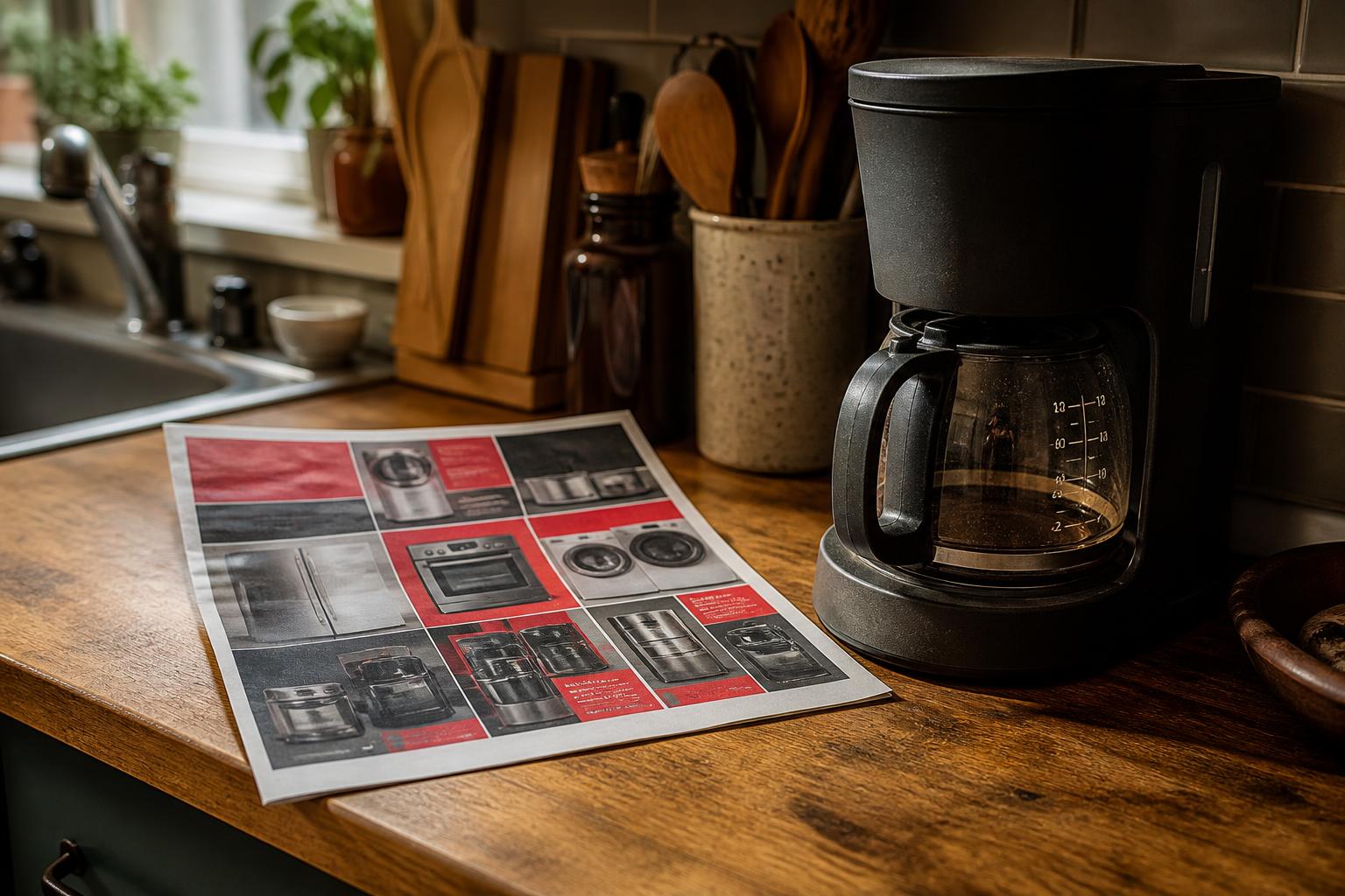 A coffee maker and appliance flyer sit on a wooden kitchen counter