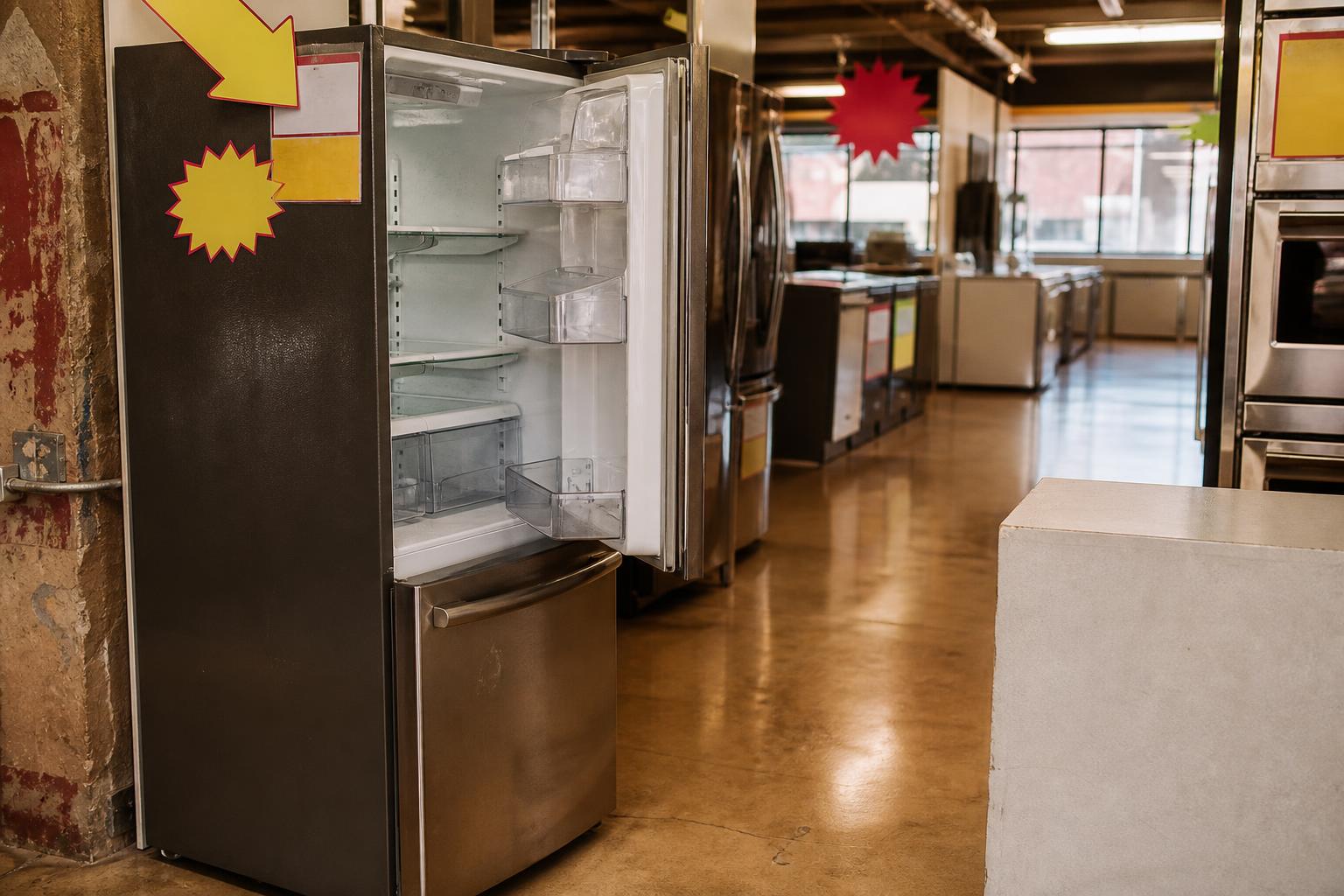 An open refrigerator displays empty shelves and yellow sale signs in a showroom