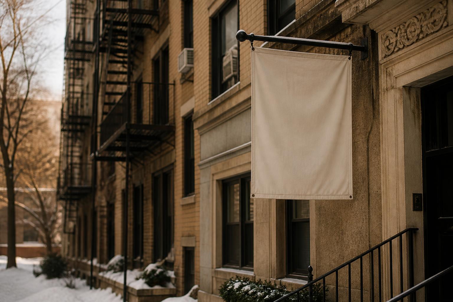 A blank hanging sign is mounted outside an apartment building with snowy sidewalks