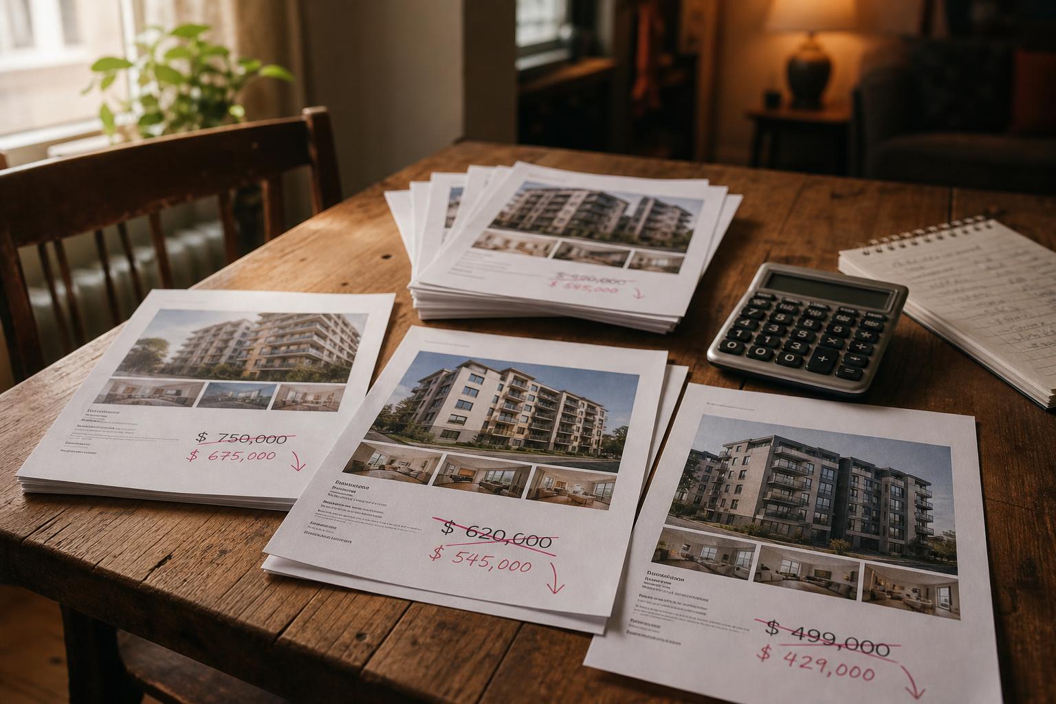 Printed property sheets, a calculator, and a notebook sit on a wooden table