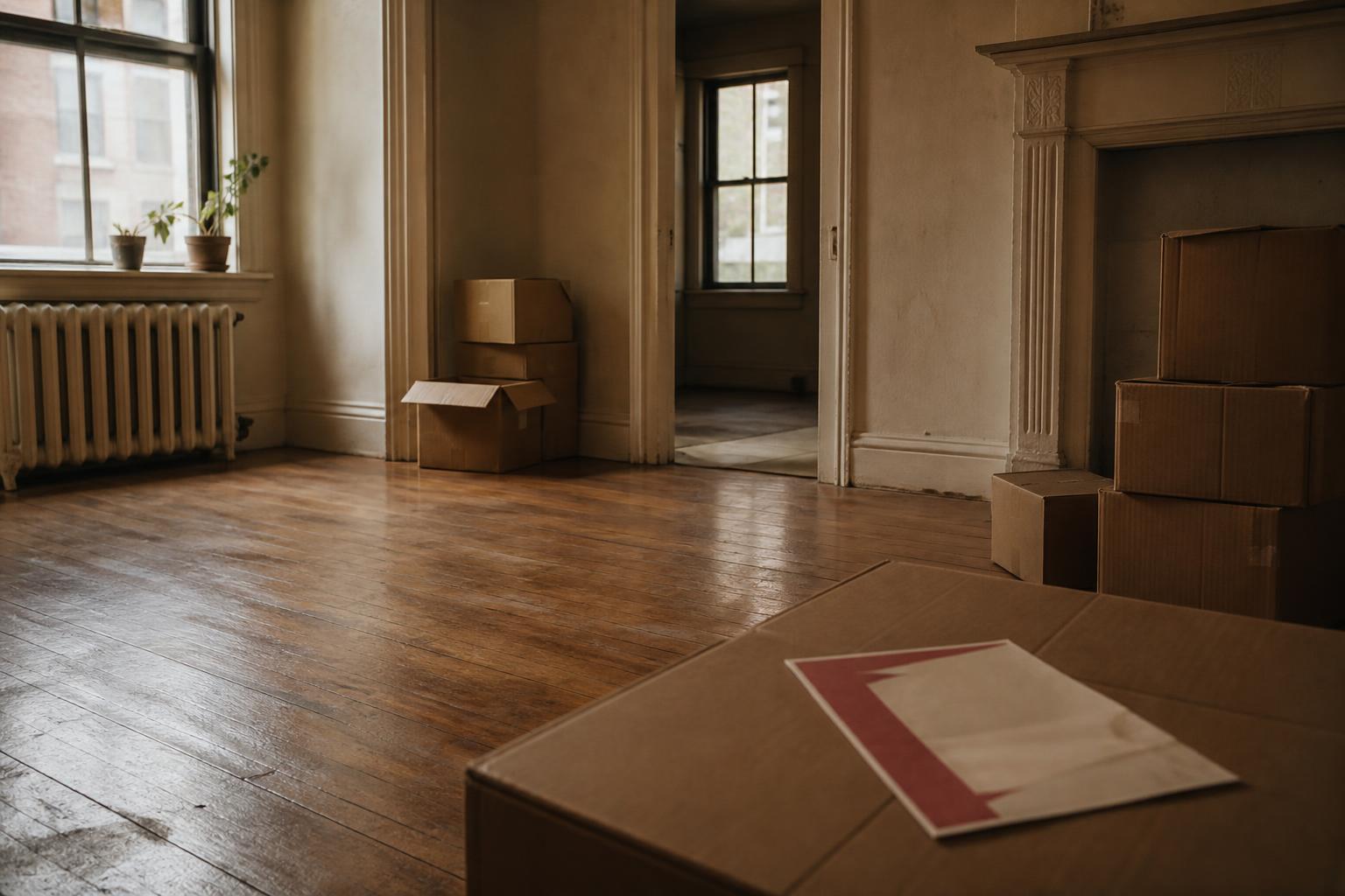 Cardboard boxes stand in an empty apartment room with wooden floors and windows