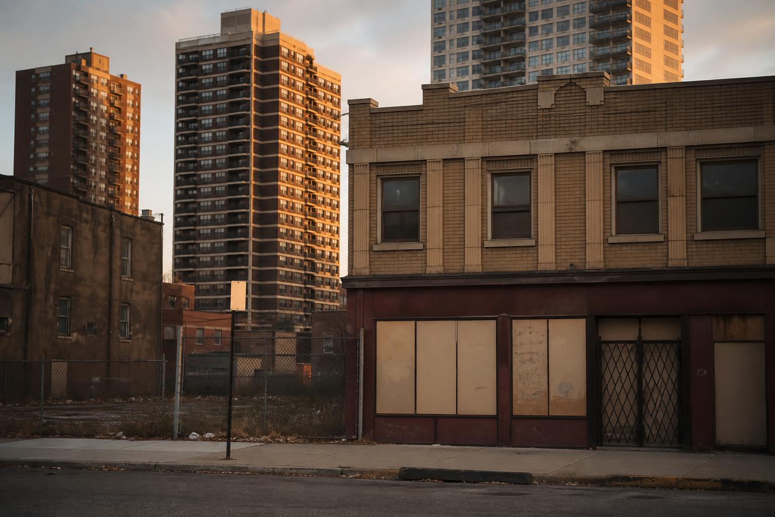 Tall apartment buildings rise behind boarded storefronts and a fenced vacant lot