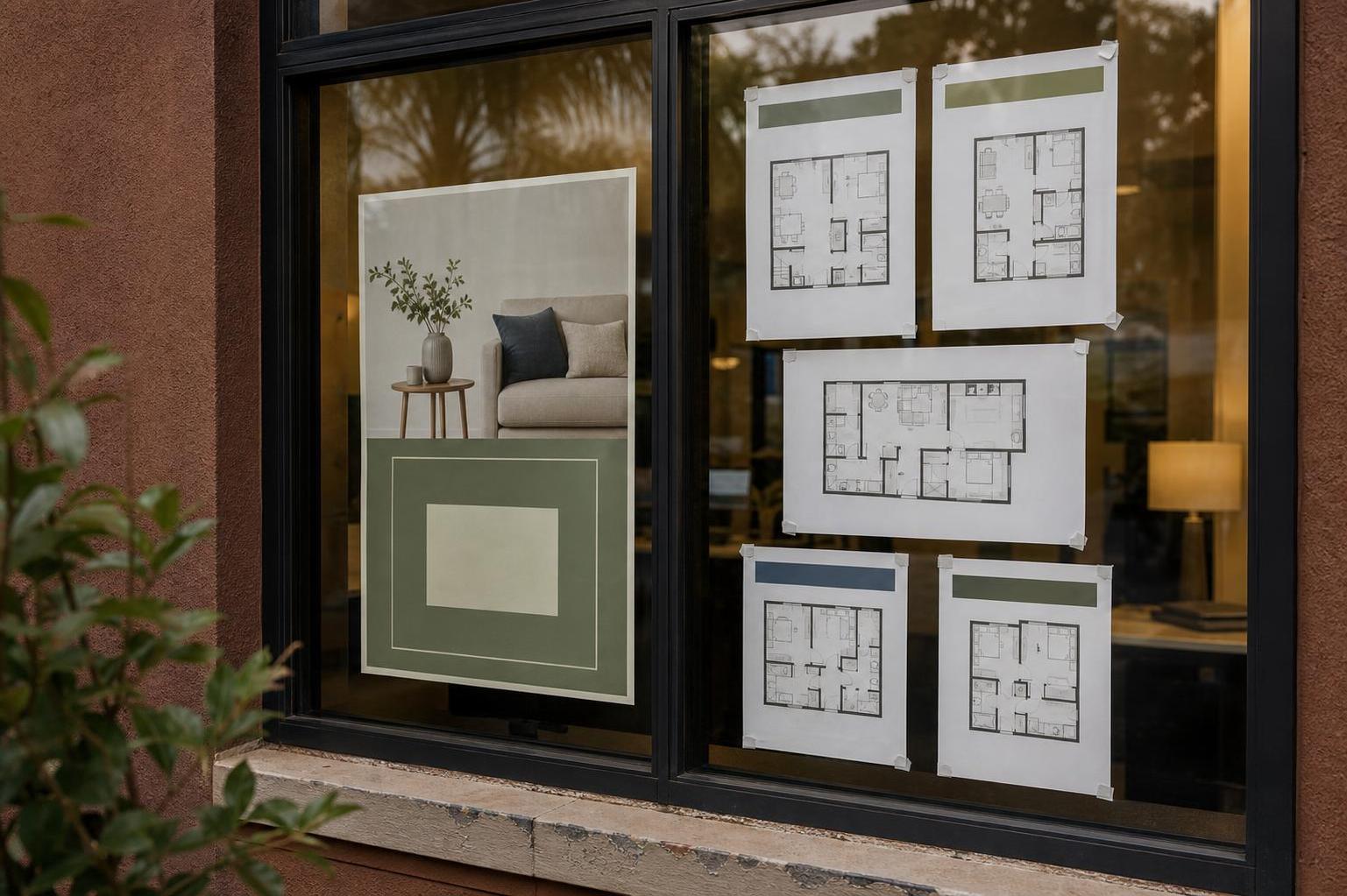 Floor plan sheets and an interior poster are taped to a window display
