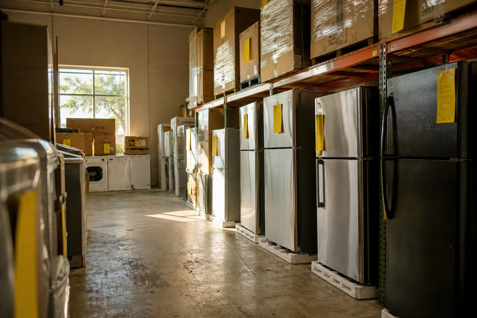 Refrigerators and boxed appliances line warehouse shelves beside a sunlit window