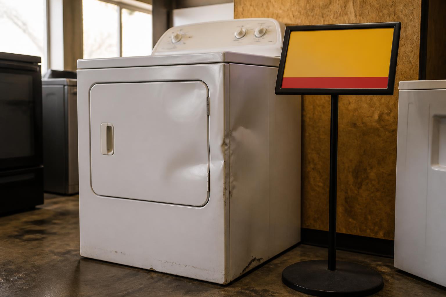 White dryer stands beside a blank yellow-and-red sign in an appliance store