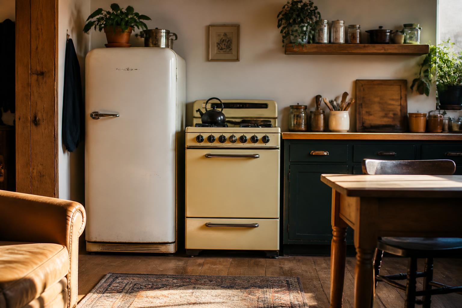 Vintage refrigerator, stove, cabinets, shelves, plants, and table fill a kitchen