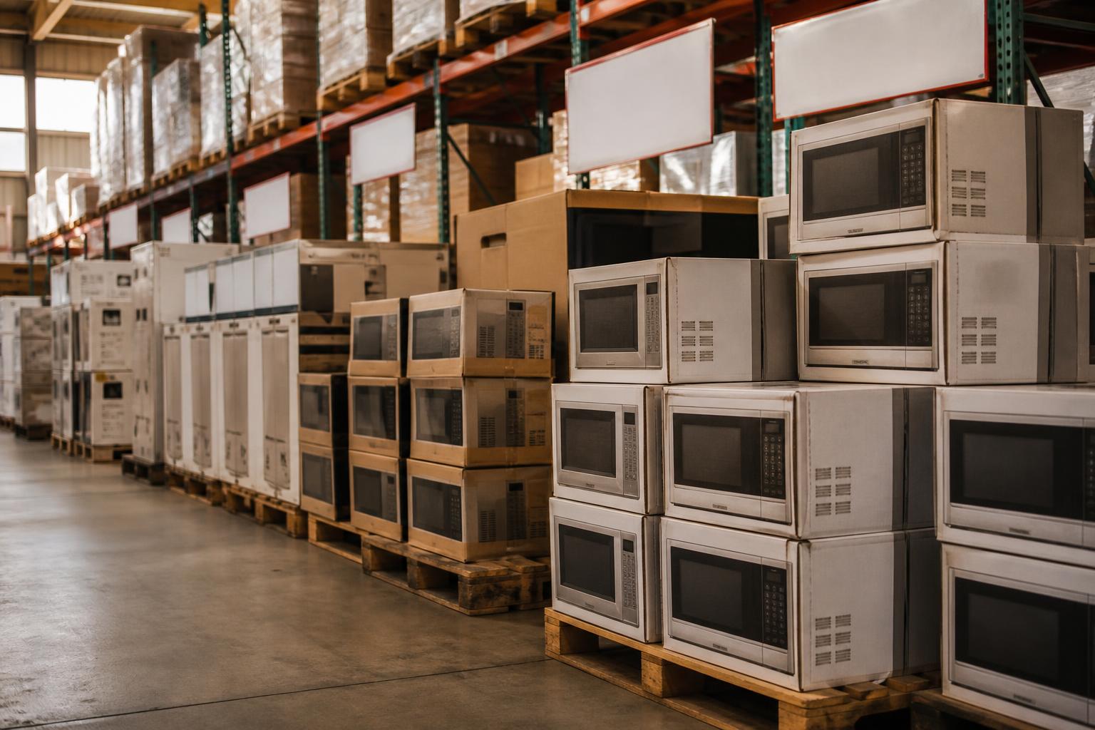 Stacked microwaves and boxed appliances sit on pallets in a warehouse aisle