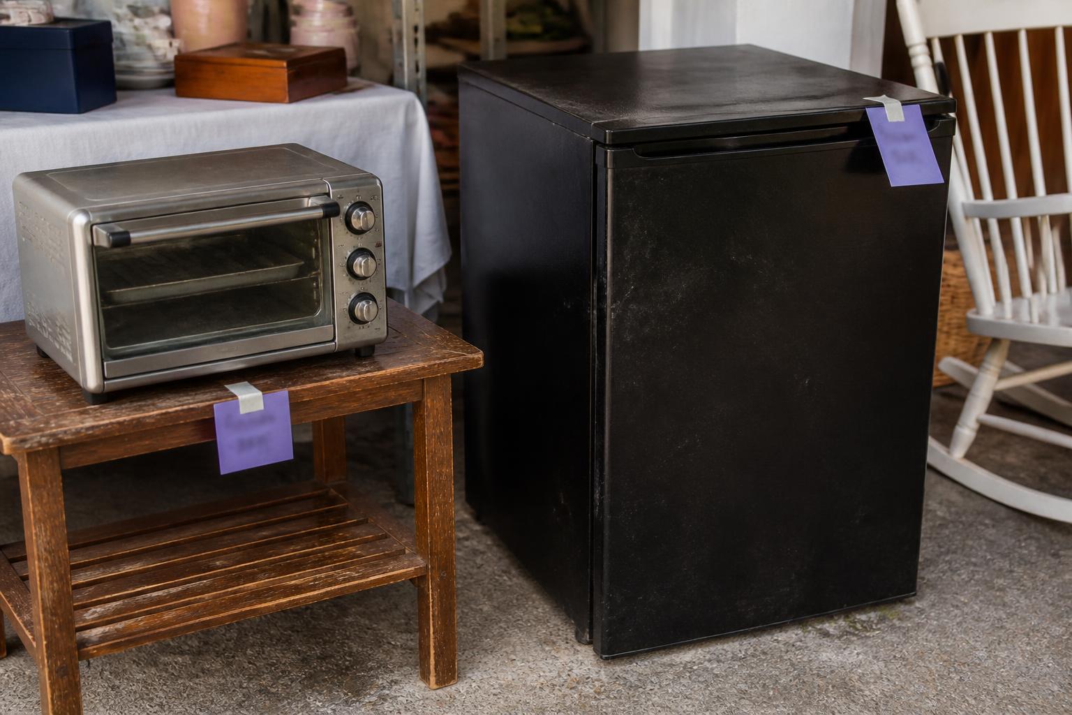 Toaster oven and black mini fridge display purple tags in an indoor sale area