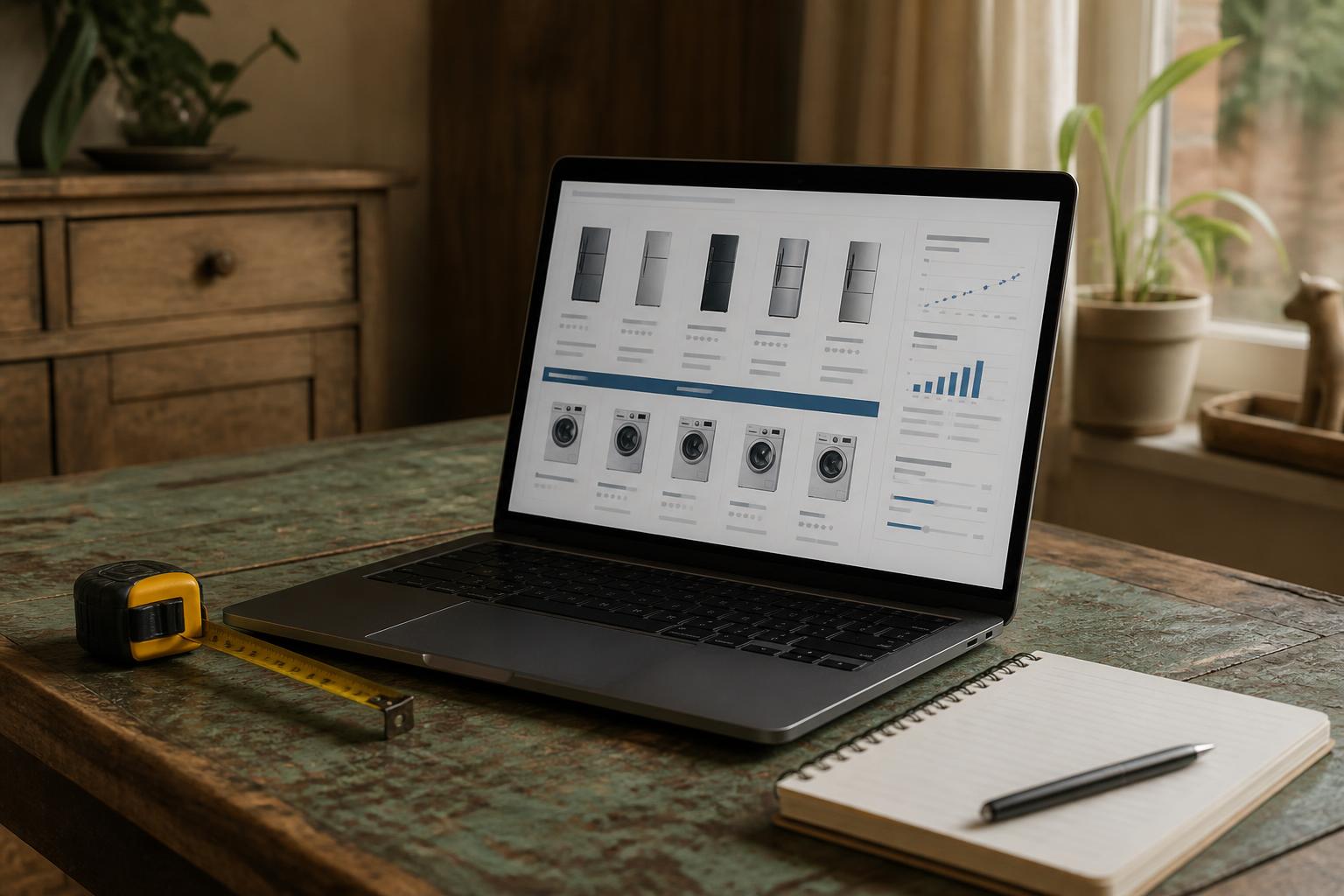 Laptop shows appliance listings on a table with tape measure and notebook