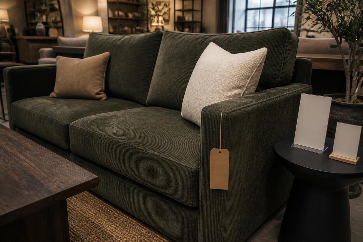 Green sofa with pillows, hanging tag, side table, and plant in showroom