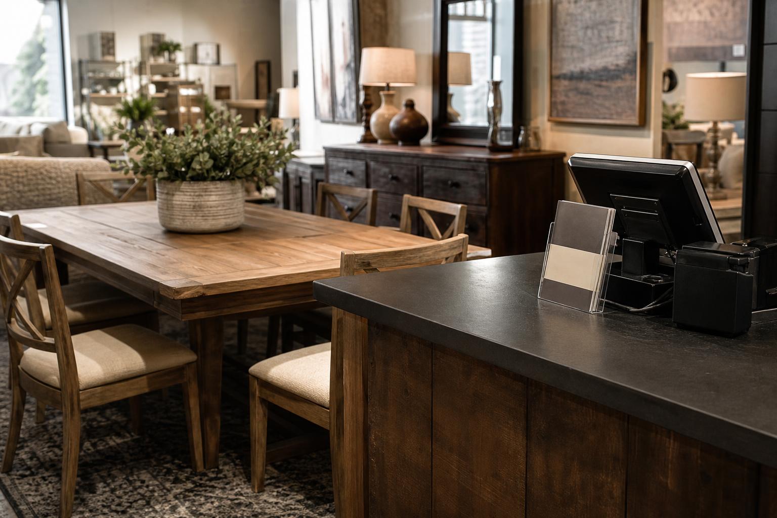 Wooden dining table and chairs sit near a checkout counter in showroom